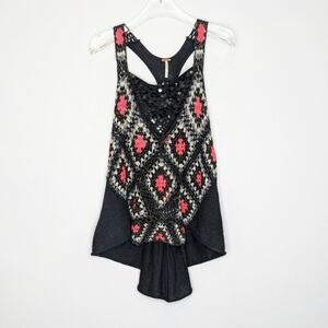 Free People Black Crochet Racerback Tank Top Sequin Metallic Size XS